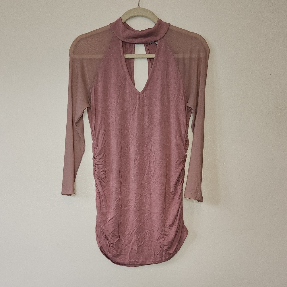 Almost Famous Pink Mock Neck Long Sheer Sleeve Shirt Ruched Sides Size M
